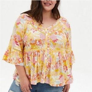 Torrid Floral Lace V Neck Flare Sleeve Button Up Peplum Flowy Swing Blouse Top